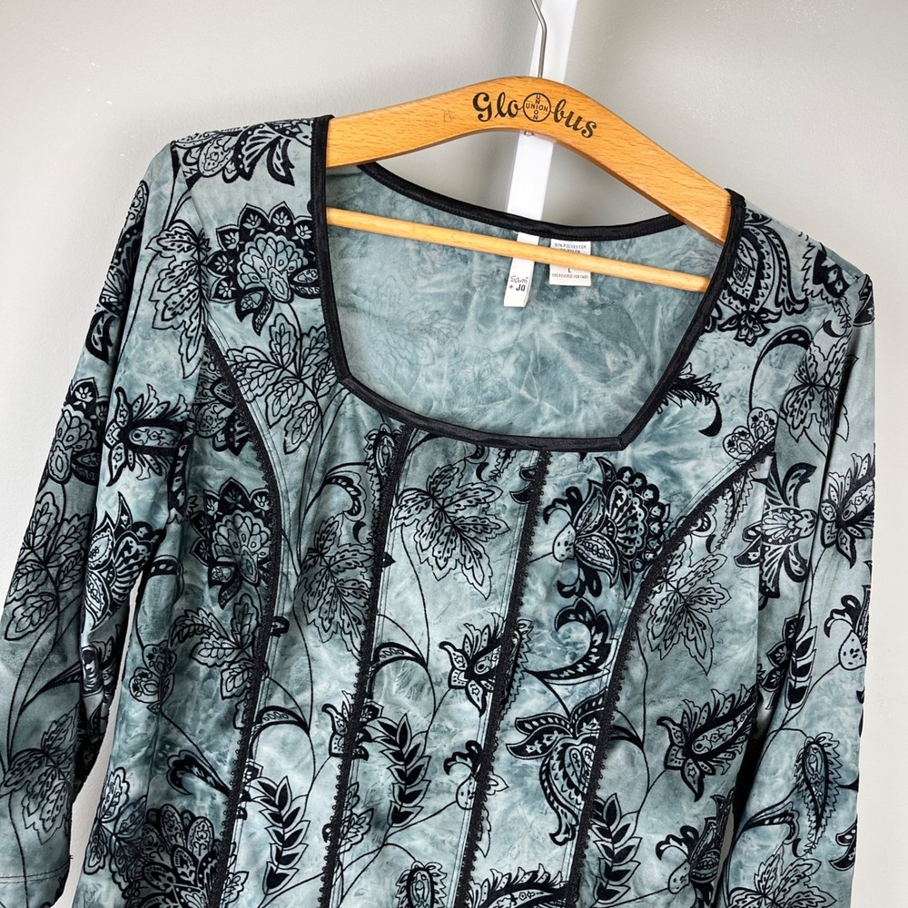 Sami Jo Y2K Top Blouse Womens‎ L Gray Black Flocked Floral Witchy Whimsygoth